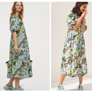 Blue and Green Floral Puff Sleeves Flared Midi Dress Sz M